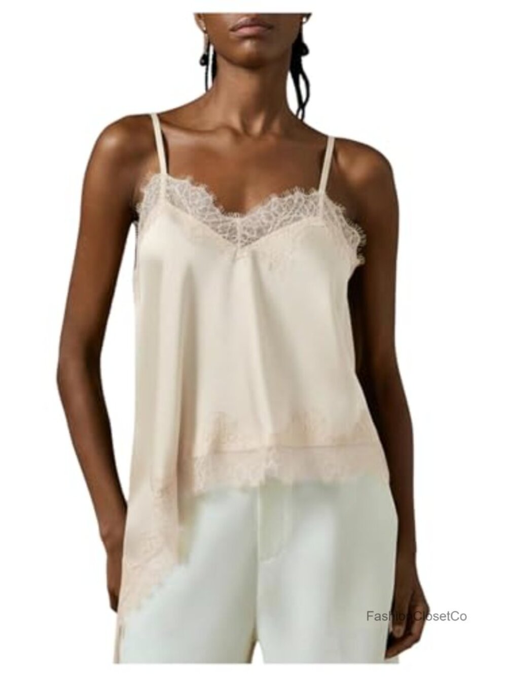 Lace Asymmetrical Satin Spaghetti Strap Camisole - Backless Going Out Top - Picture 5 of 5